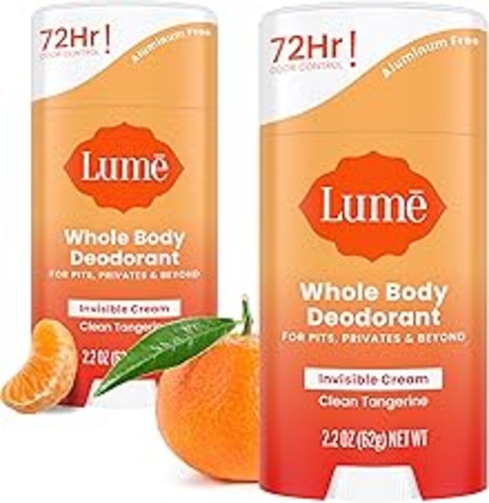 Lume Whole Body Deodorant - Invisible Cream Stick - 72 Hour Odor Control - Aluminum Free, Baking Soda Free, Skin Safe - 2.2 Ounce (Pack of 2) (Clean Tangerine)