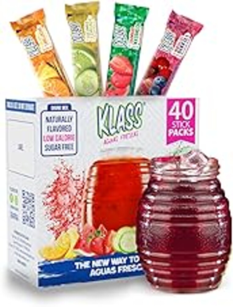 Klass Aguas Frescas, Powdered Drink Mix Variety Pack, 40 Singles Zero Sugar & Caffeine-Free Powder Packets, Water Drink Mix, Flavors: Cucumber Limeade, Strawberry Watermelon, Hibiscus Berries & Pineapple Tangerine - 5 Calories Per Packet & Natural Flavors
