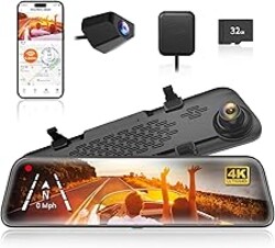 WOLFBOX G840S 12" 4K Mirror Dash Cam Backup Camera with 32GB Card and GPS | 5.8GHz WiFi Smart Rearview Mirror for Cars & Trucks, Front and Rear View Dual Cameras, Night Vision, Parking Assistance