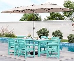 SERWALL 8-Piece Patio Dining Sets with 15FT Double Side Patio Umbrella, Outdoor HDPE Dining Furniture Set with Umbrella Hole Cut-Out Table and 6 Chairs, Aruba（Umbreall Base not Included）