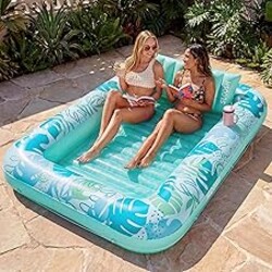 SLOOSH Inflatable Tanning Pool Lounger Float,85" x 57" Extra Large Pool Floats Adult with Pillow,4 in 1 Suntan Tub Raft Floatie,Sunbathing Bed Lounge Blow Up Ball Pit Party Gifts,XL-Cyan White