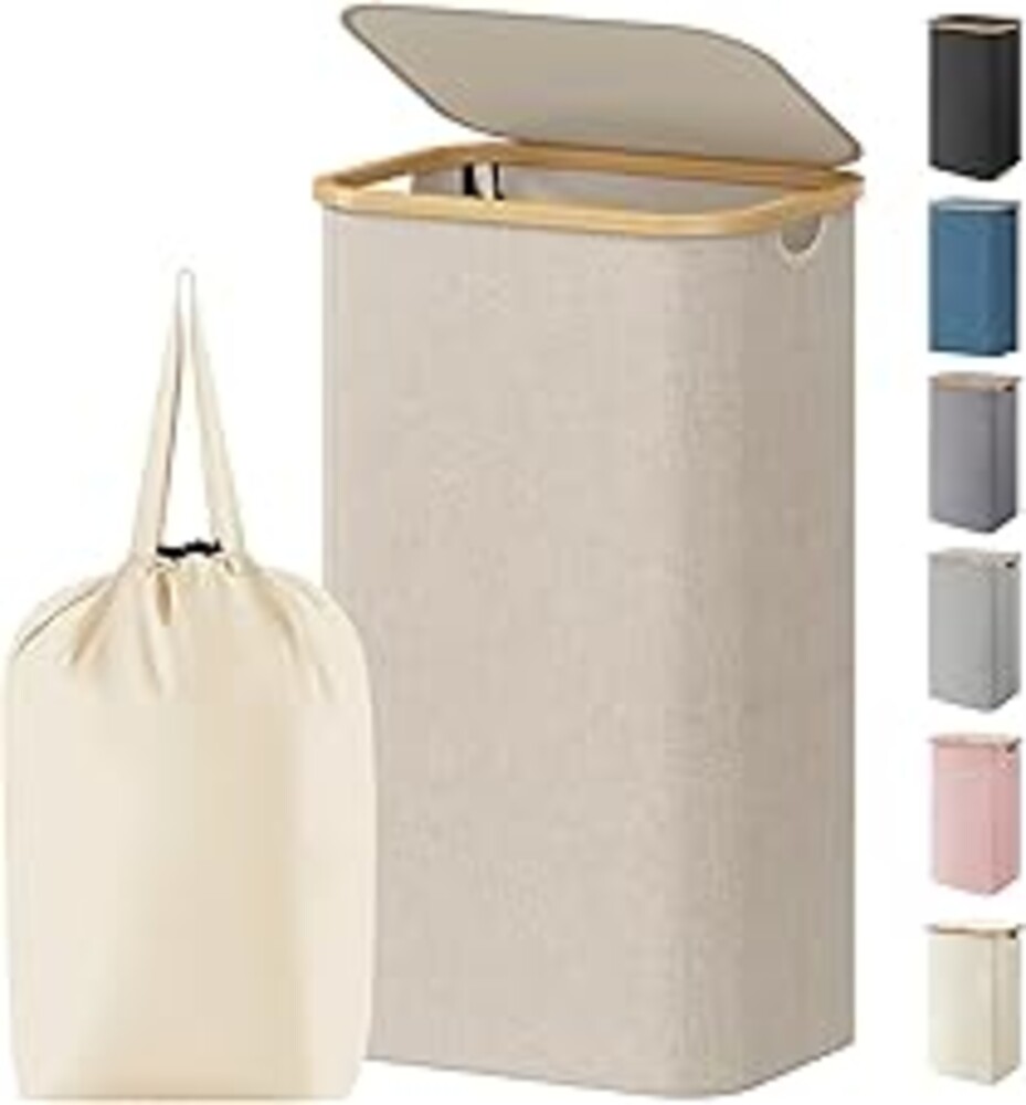 Lifewit 100L Laundry Hamper with Lid, Large Tall Clothes Hamper with Removable Bag, Bamboo Handles Foldable Dirty Laundry Basket Bin for Bedroom Bathroom Dorm, Beige