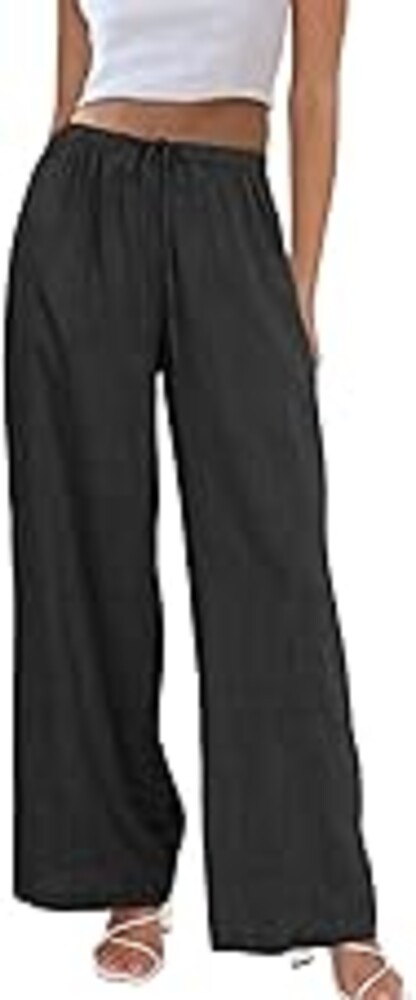 Duyang Womens Cotton Linen Palazzo Pants Drawstring Elastic Waist Casual Wide Leg Trousers with Pockets