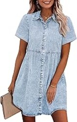 GRAPENT Denim Dress for Women Babydoll Tiered Short Sleeve Button Down Jean Shirt Dresses