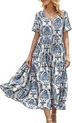 YESNO Women's Summer Maxi Dresses Casual Floral Short Sleeve V Neck Boho Beach Vacation Swing Dress with Pockets EVF