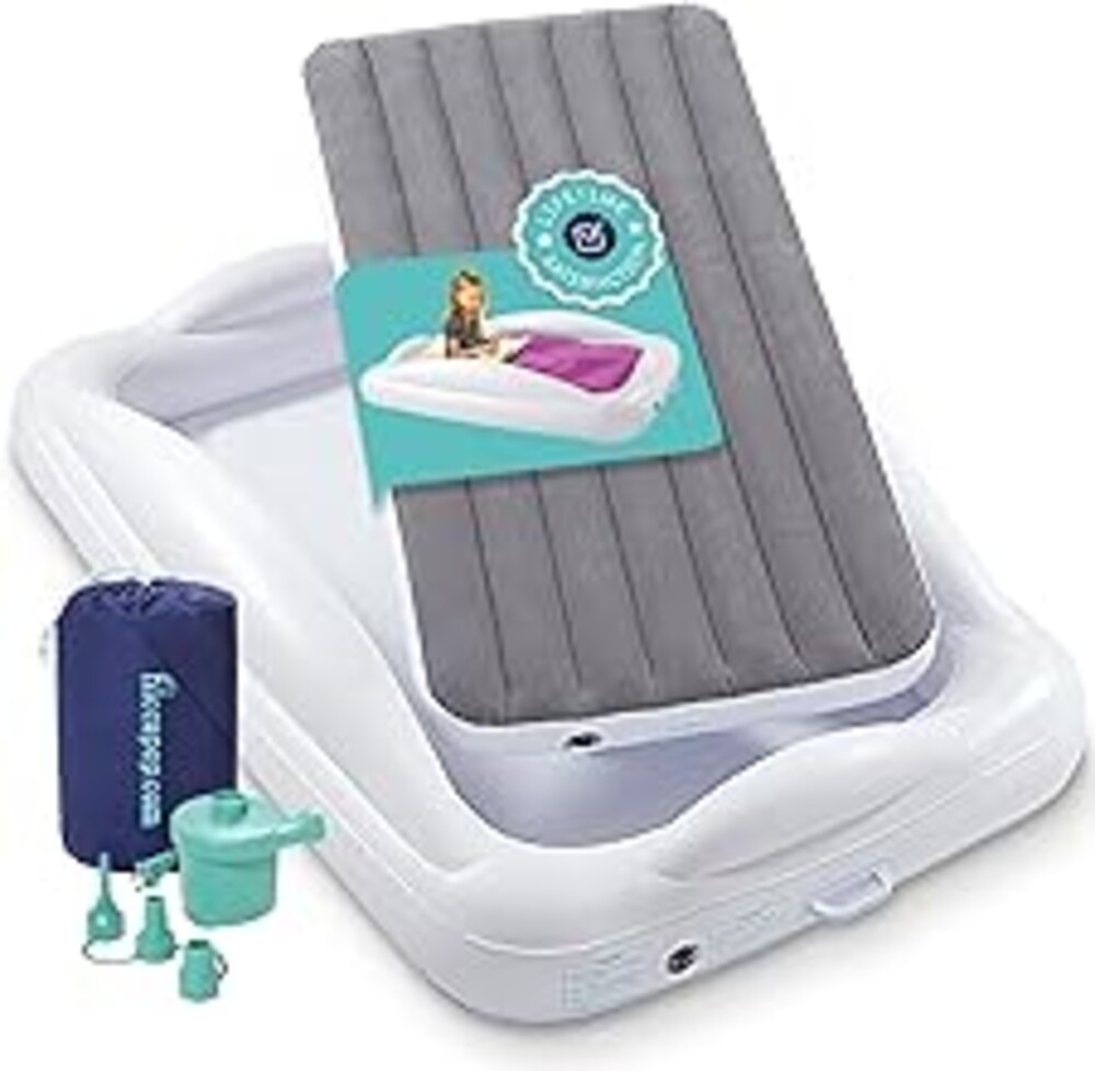 Hiccapop Inflatable Toddler Travel Bed with Safety Bumpers [4-Sided], Portable Toddler Bed for Kids, Toddler Air Mattress, Kids Air Mattress - Grey