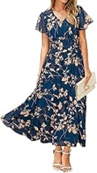 Simplee Womens Floral Maxi Dress - Short Sleeve Summer Boho Wedding Guest Dress Empire Waist Chiffon Modest Midi Dresses
