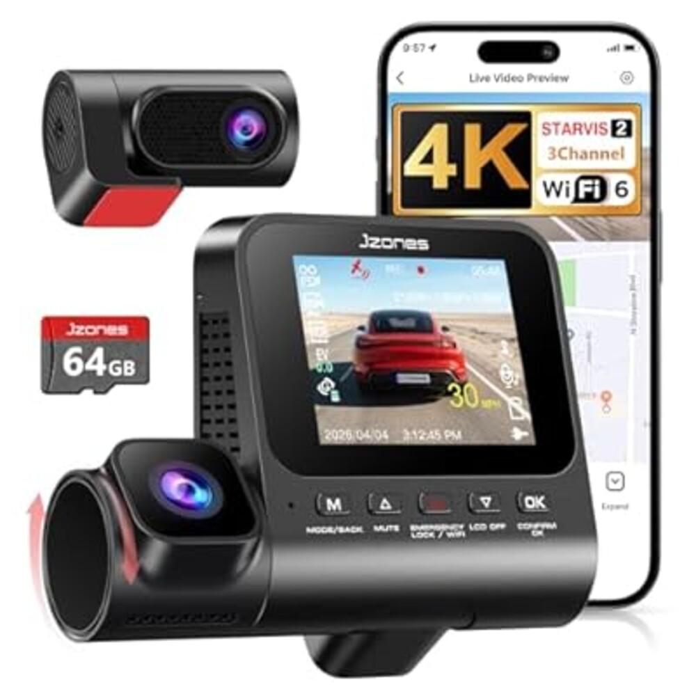 3 Channel Dash Cam Front and Rear, 4K Dash Camera for Cars STARVIS 2 HDR Night Vision, 24H Parking Mode, 64GB Card Included, Dashcam Built-in 5.8GHz WiFi GPS,170°Wide Angle, G-Sensor Emergency Lock