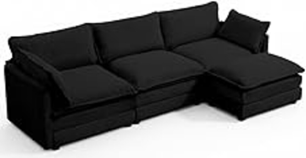 112'' Sectional Modular Cloud Couch, Oversized L Shaped 3 Seat Sofa with Movable Ottomans, 2 Throw Pillows, Upholstered Corduroy L Shape Comfy Deep Couches for Living Room and Office, Black