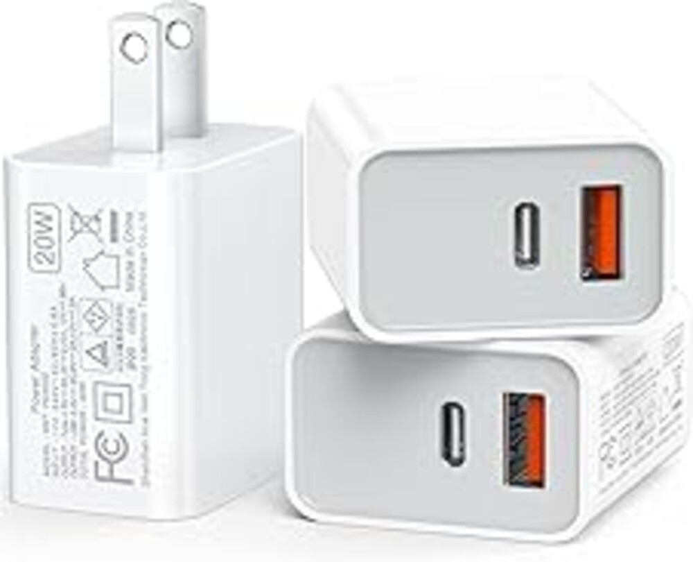 USB C Wall Charger Block 20W, 3-Pack Dual Port PD Power Delivery Fast Type C Charging Block Plug Adapter for iPhone 13/14/15/16/17/Pro Max, XS/XR/X, iPad Pro, AirPods Pro, Samsung Galaxy(White)