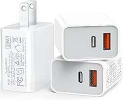 USB C Wall Charger Block 20W, 3-Pack Dual Port PD Power Delivery Fast Type C Charging Block Plug Adapter for iPhone 13/14/15/16/17/Pro Max, XS/XR/X, iPad Pro, AirPods Pro, Samsung Galaxy(White)