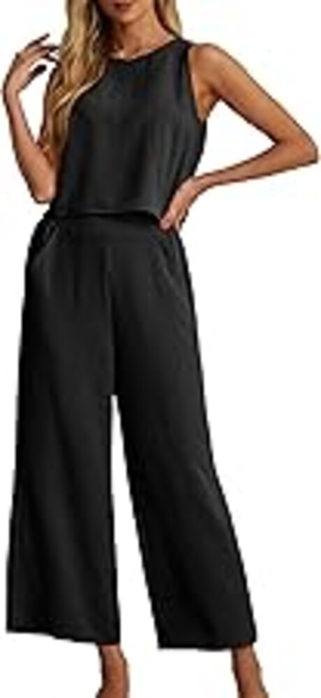 IWOLLENCE Women's Summer 2 Piece Outfits Set Round neck Sleeveless Tank Crop Top Wide Leg pants Set Pockets Jumpsuits