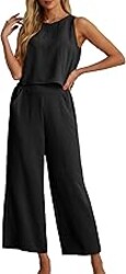 IWOLLENCE Women's Summer 2 Piece Outfits Set Round neck Sleeveless Tank Crop Top Wide Leg pants Set Pockets Jumpsuits