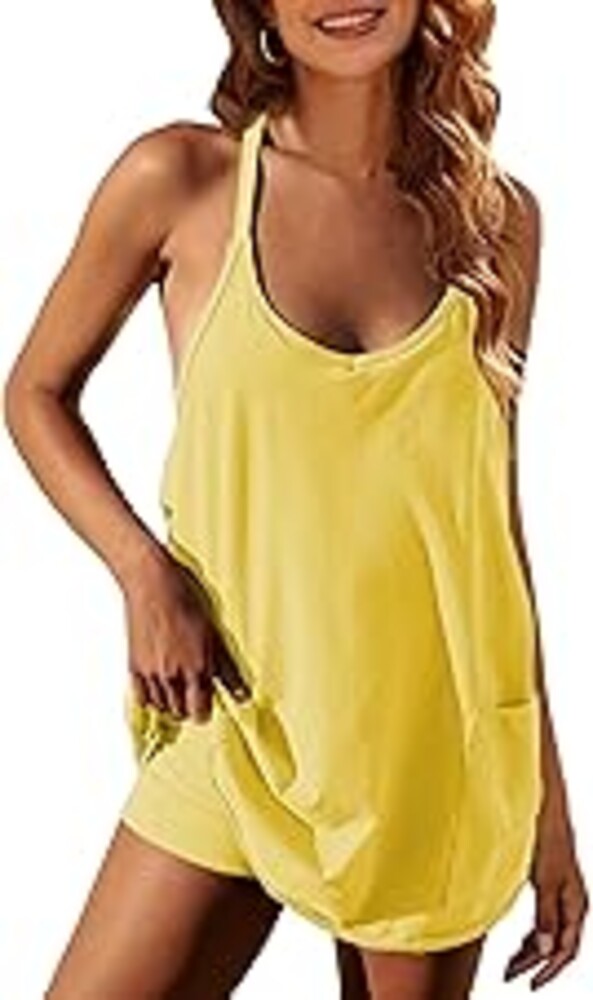 Zhiyouni Women's Summer Sleeveless Mini Dress V Neck Spaghetti Straps Athletic Built-in Shorts Sundress