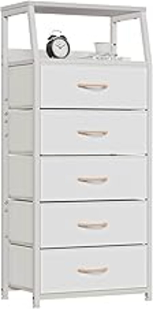 Furnulem White Dresser with 5 Drawers, Vertical Storage Tower Fabric Dresser for Bedroom, Hallway, Entryway, Nursery, Closet Organizer, Nightstand Bedside Table Furniture, Sturdy Steel Frame, Wood Top
