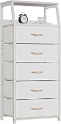Furnulem White Dresser with 5 Drawers, Vertical Storage Tower Fabric Dresser for Bedroom, Hallway, Entryway, Nursery, Closet Organizer, Nightstand Bedside Table Furniture, Sturdy Steel Frame, Wood Top