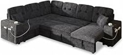 Bonroyo Modular Sectional Sleeper Sofa with Pull Out Bed, 108 Inch U Shaped 7 Seat Couches for Living Room, Chenille Fabric Cloud Couch Bed with Storage, Reclining Backrest, USB Charging, Luxury Black