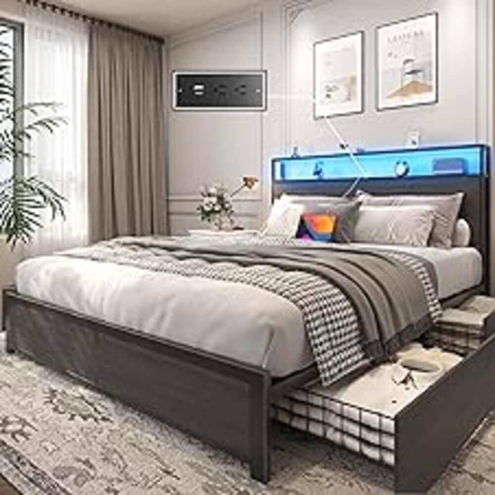 Lifezone Queen Bed Frame with 2-Tier Storage Headboard, Metal Platform Bed Frame with 4 Storage Drawers, Built in Charging Station & LED, Noise-Free/Metal Support/No Box Spring Needed, Rustic Grey