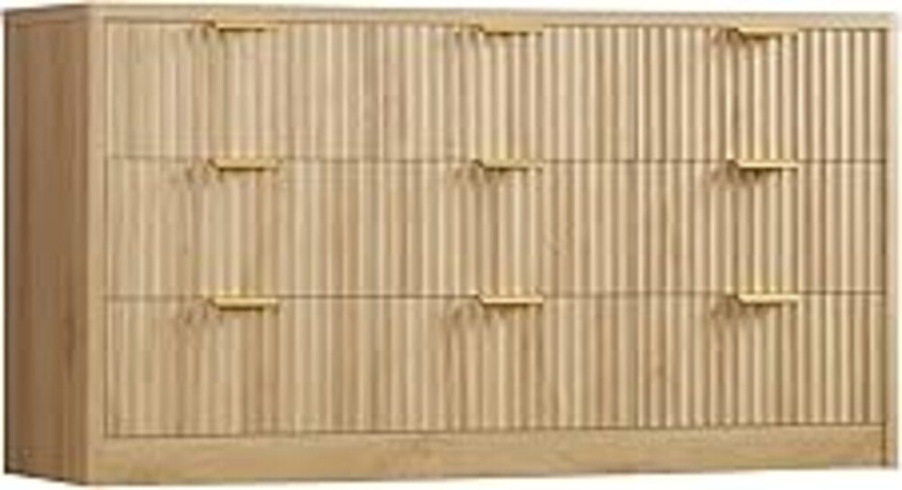 TEENFON 63" Dresser for Bedroom with 9 Drawers, Modern Dressers & Chest of Drawers with Metal Handles, Fluted Dresser, Wood Closet Clothes Storage Organizer for Living Room, Hallway, Natural