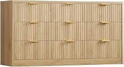 TEENFON 63" Dresser for Bedroom with 9 Drawers, Modern Dressers & Chest of Drawers with Metal Handles, Fluted Dresser, Wood Closet Clothes Storage Organizer for Living Room, Hallway, Natural