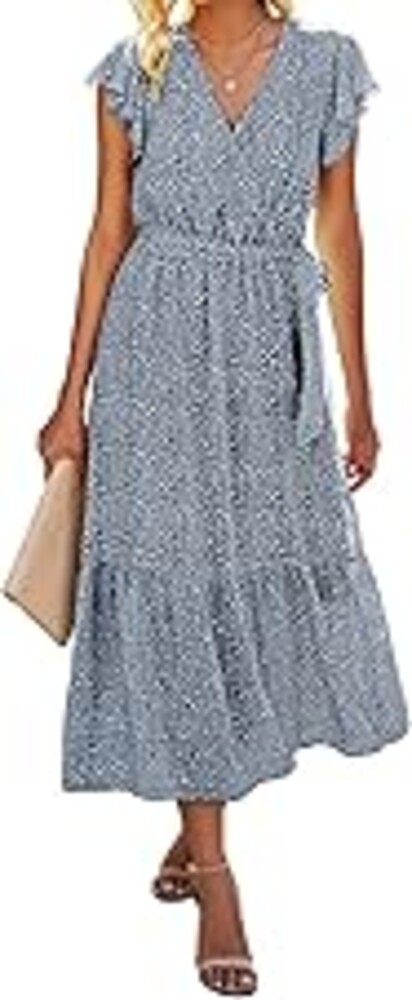 BTFBM Women Summer Bohemian Floral Casual Wrap V Neck Ruffle Cap Sleeveless Belt A-Line Pleated Hem Midi Sun Dress White