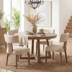 HNY Mid Century Modern Dining Chairs Set of 4, Farmhouse Linen Fabric Upholstered Accent Curved Backrest Kitchen Chairs, with Hardwood Frame, Beige