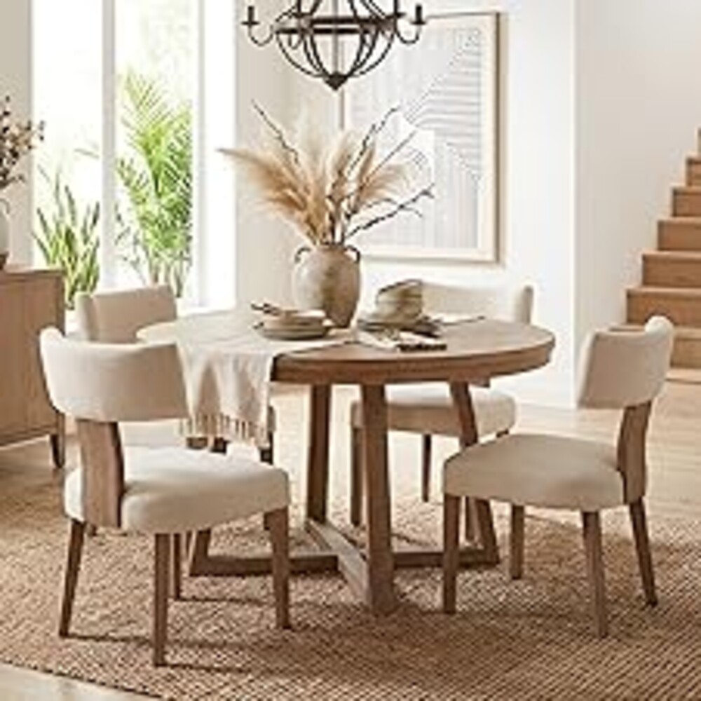 HNY Mid Century Modern Dining Chairs Set of 4, Farmhouse Linen Fabric Upholstered Accent Curved Backrest Kitchen Chairs, with Hardwood Frame, Beige