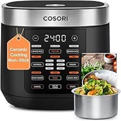 Cosori Rice Cooker 10 Cup, 24h Keep Warm, Non-stick Ceramic Inner Pot, 18 Functions Fuzzy Logic Rice Maker with Stainless Steel Steamer Basket, Sauté, Slow Cooker, Black