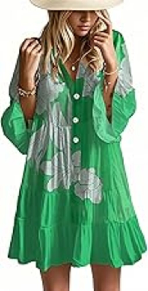 Opemiby Summer Dresses for Women 2026 Flowy Ruffle 3/4 Sleeve V Neck Tiered Casual Babydoll Boho Beach Mini Dress