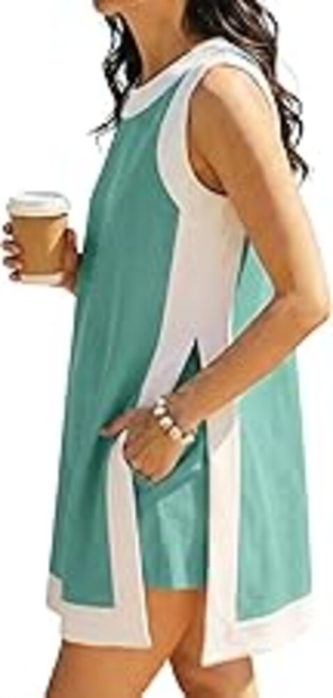 Hooever Women's 2 Piece Sets Casual Color Block Crewneck Short Sleeve Pullover Tops Matching Shorts with Pockets
