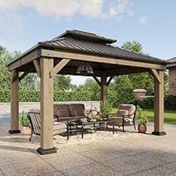 Aoxun 10' x 12' Outdoor Wood Gazebo, Hardtop Gazebo Permanent Wooden Pavilion with Galvanized Steel Double Roof, for Patio, Garden, Deck, Cedar Wood, Grey