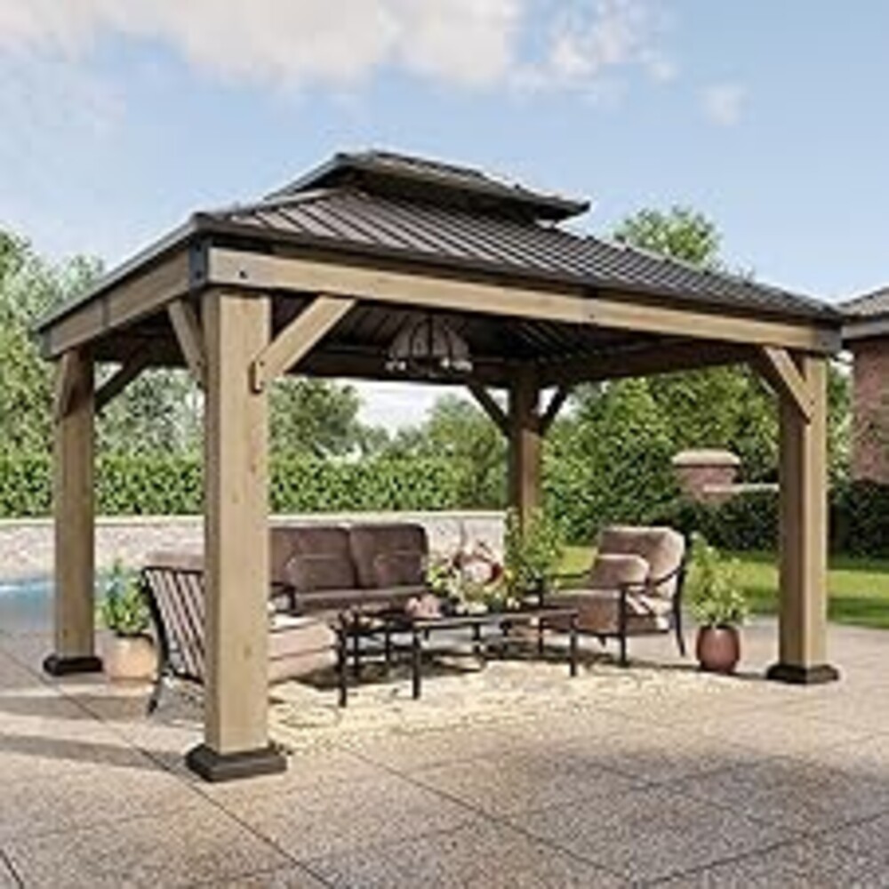 Aoxun 10' x 12' Outdoor Wood Gazebo, Hardtop Gazebo Permanent Wooden Pavilion with Galvanized Steel Double Roof, for Patio, Garden, Deck, Cedar Wood, Grey