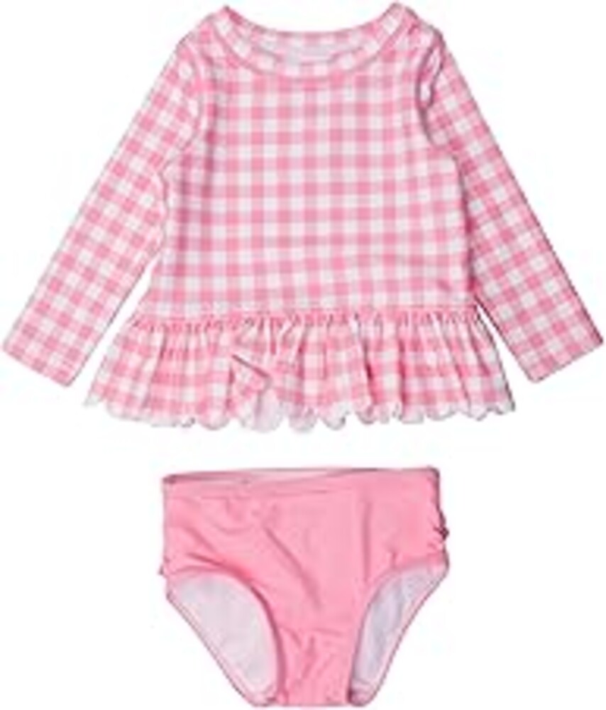RuffleButts Baby/Toddler Girls Scalloped Long Sleeve Rash Guard 2-Piece UPF50+ Sun Protected Swimsuit