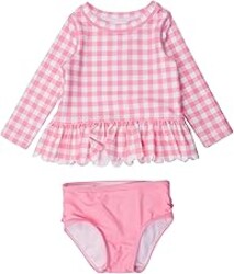 RuffleButts Baby/Toddler Girls Scalloped Long Sleeve Rash Guard 2-Piece UPF50+ Sun Protected Swimsuit