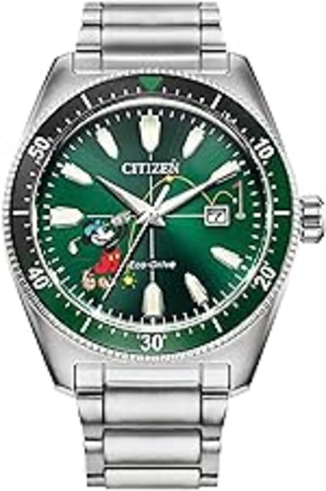 Citizen Eco-Drive Men's Disney Mickey Mouse Tee Time Stainless Steel Watch, Green Dial, 3-Hand Date, Luminous, 43mm (Model: AW1595-78W)