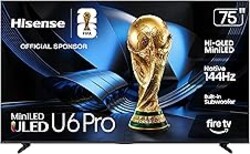 Hisense 75" U6 Pro Series Mini‑LED 4K UHD HDR Gaming AI Smart Fire TV (75U6SF Pro, 2026 New) – Hi-QLED, Native 144Hz, Motion Rate 480, Dolby Vision IQ,· Atmos, HDR10+, Glare-Free, Alexa+