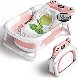 BUNWAG Baby Bathtub, Collapsible Newborn Bathtub for Infant to Toddler with Soft Cushion and Thermometer,Portable Travel Newborn Tub with No-Slip Feet, Baby Shower Gifts, 0-12 Months Baby Bath, Pink