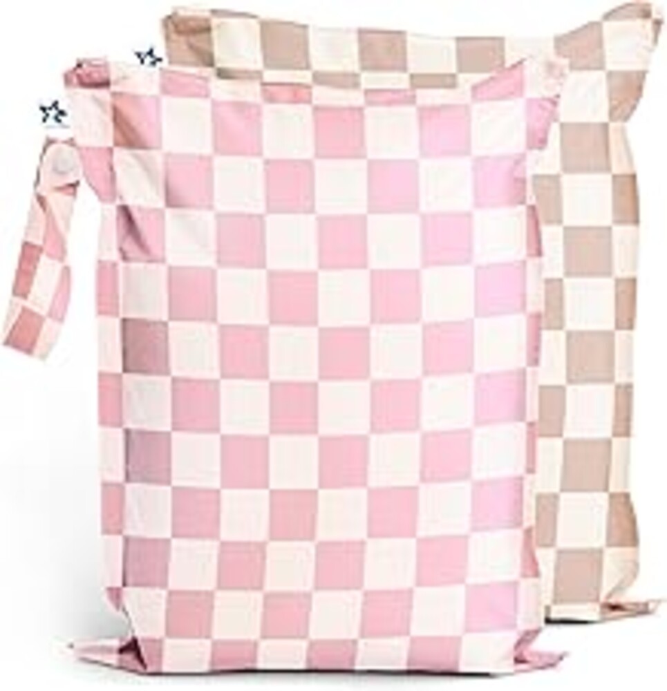 Tiny Twinkle Mess Proof Wet Bags | 2-Pack Reusable Waterproof Wet Bags for Swimsuits | Baby Clothes | Travel & Diaper Bag (Pink, Brown Checkers)
