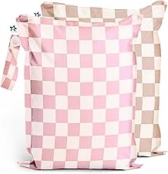 Tiny Twinkle Mess Proof Wet Bags | 2-Pack Reusable Waterproof Wet Bags for Swimsuits | Baby Clothes | Travel & Diaper Bag (Pink, Brown Checkers)