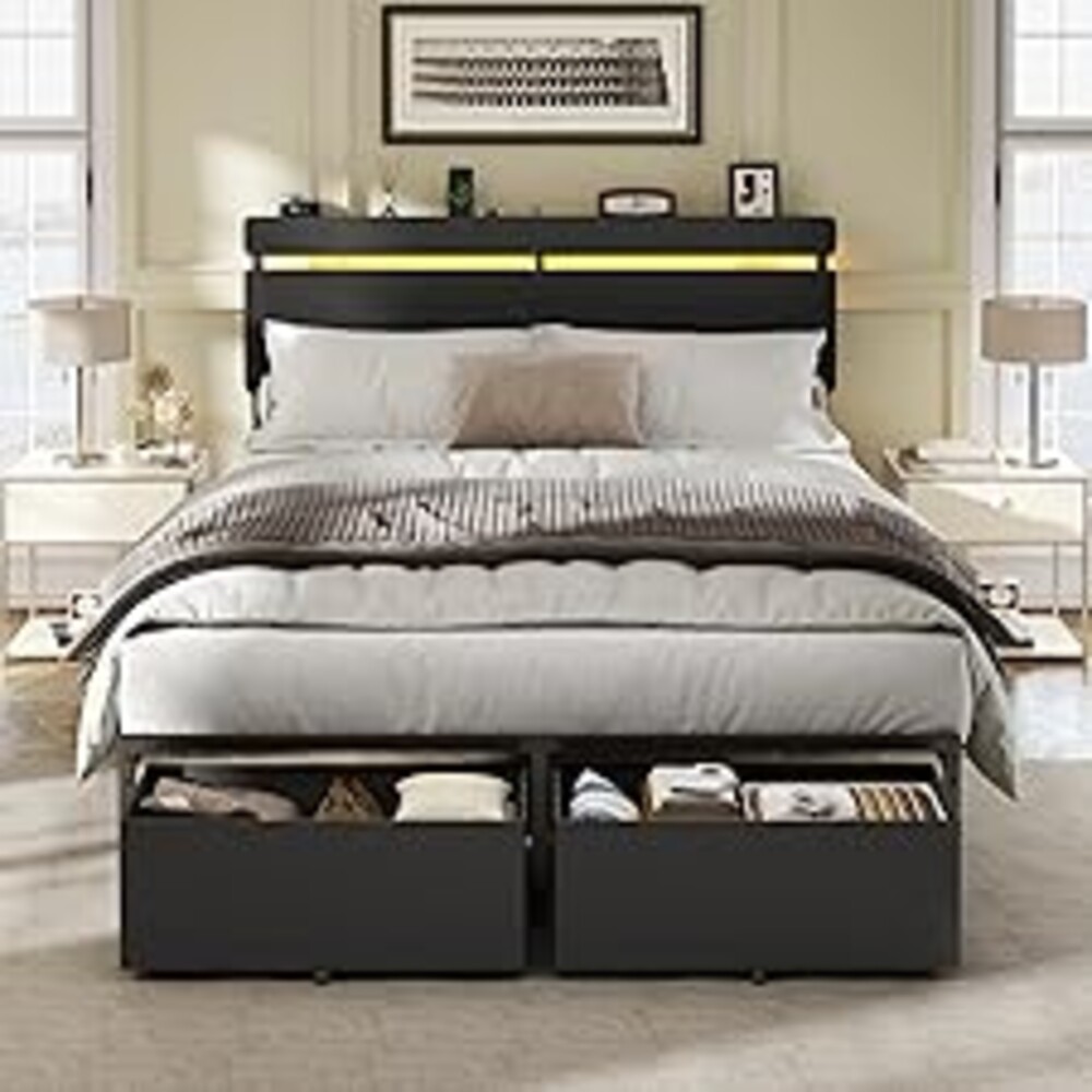 Forestell Full Size Bed Frame with Wood Headboard, Black Platform Bed with 2 Storage Drawers & Shelf, Built in Charging Station & LED Lights, Metal Support, No Box Spring Needed, Camas Full
