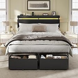 Forestell Full Size Bed Frame with Wood Headboard, Black Platform Bed with 2 Storage Drawers & Shelf, Built in Charging Station & LED Lights, Metal Support, No Box Spring Needed, Camas Full