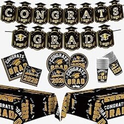 OHOME Graduation Decorations 2026 - Graduation Decorations Class of 2026 - Serve 24 - Black Plates Tablecloth Napkins Cups Banner - Graduation Party Favors Supplies