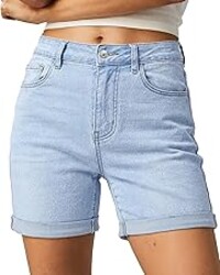 luvamia Jean Shorts for Women High Waisted Trendy Mid Thigh Long Cuffed Hem Stretchy Denim Shorts Casual Summer Jorts