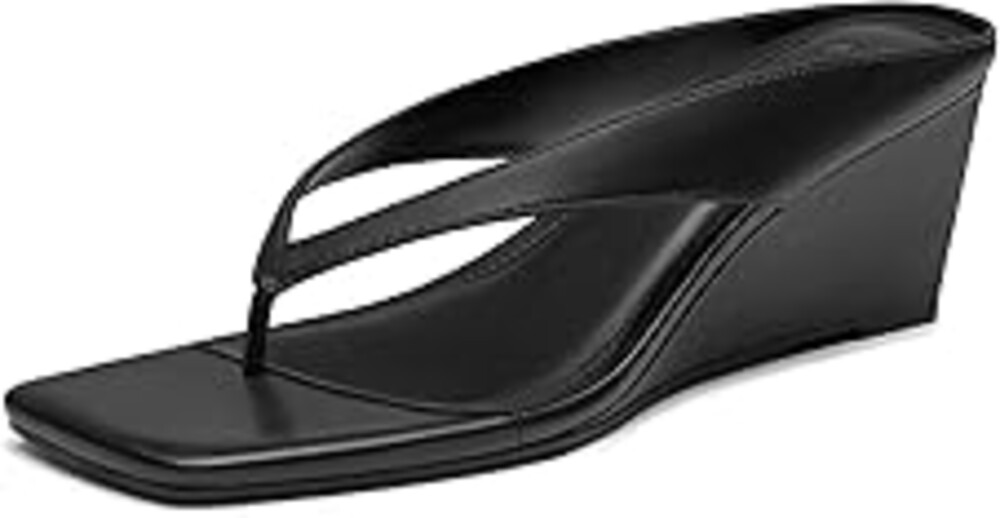 Athlefit Women's Low Wedge Sandals Trendy Dressy Square Open Toe Summer Beach Flip Flops Thong Heeled Sandals