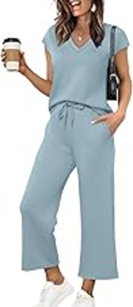 Saloogoe Two Piece Sets for Women Summer Outfits Lounge Sets V Neck Tops Wide Leg Pants Woman Vacation Travel Outfits