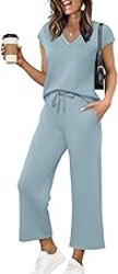 Saloogoe Two Piece Sets for Women Summer Outfits Lounge Sets V Neck Tops Wide Leg Pants Woman Vacation Travel Outfits