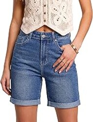 luvamia Jean Shorts for Women High Waisted Trendy Causal Summer Fold Hem Stretchy Long Denim Shorts 7 Inch Inseam