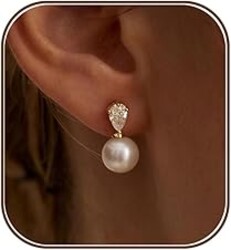 HLJEO Gold Pearl Earrings For Women,Dainty Wedding Earring 14K Gold Plated Formal Pearl Drop Earrings For Women Trendy Simple Prom Wedding Bride Earring Fashion Womens Jewelry