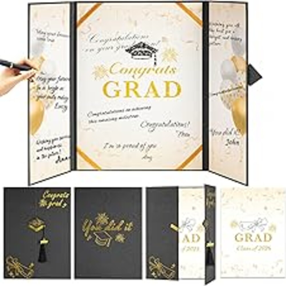 AYGXU Black Gold Graduation Party Decorations, Class of 2026 Congratulations Graduates Alternative Signature Guest Book,Autograph Book with Tassel, Congrats Grad Party Signing Card Board