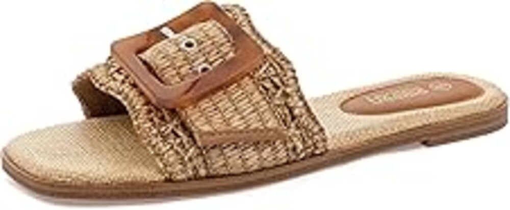 Rihero Women's Raffia Flat Sandals Square Open Toe Summer Beach Slip On Woven Buckle Slide Sandals